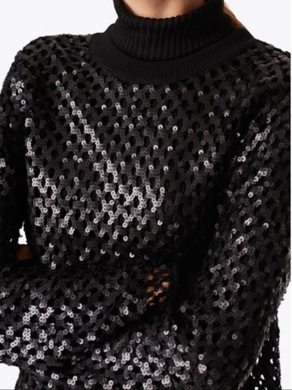 Tory Burch Black Lansing Merino Wool Blend Open Knit Sequin Sweater Women's M